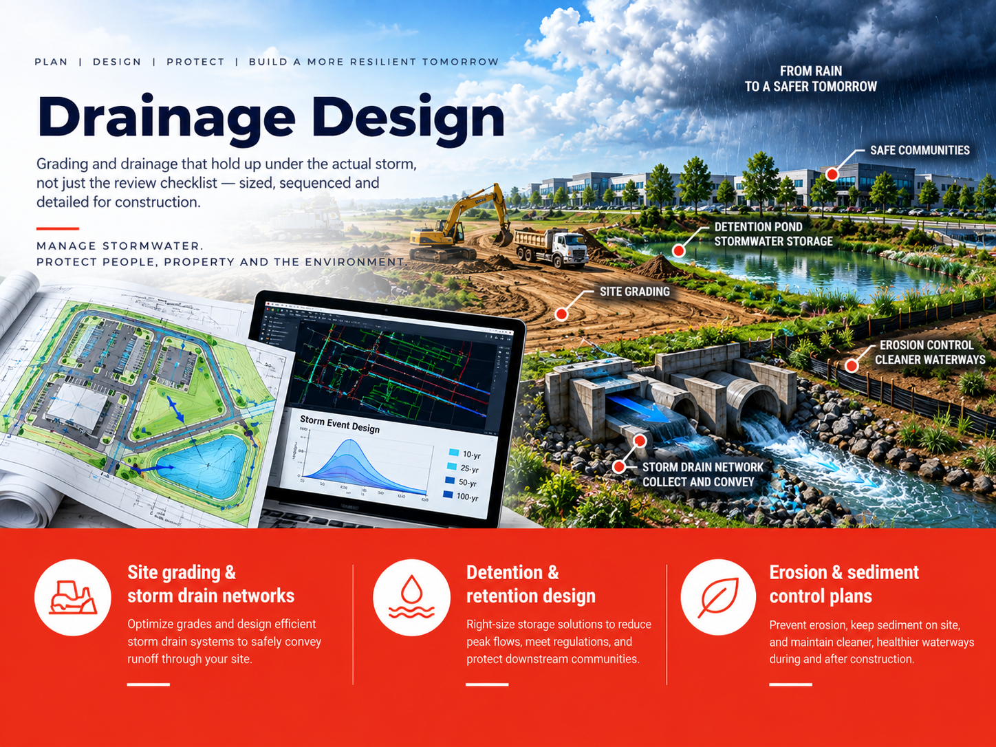 Drainage design: site grading, storm drain network, detention pond and erosion control on a commercial site