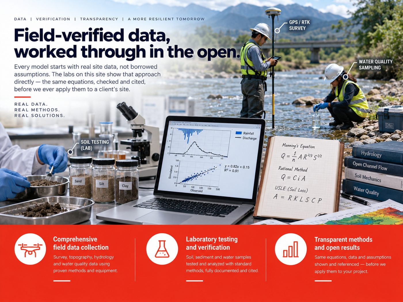 Field-verified data: GPS/RTK survey, water quality sampling, soil testing, and hydrology equations including Manning's equation, the Rational Method and USLE
