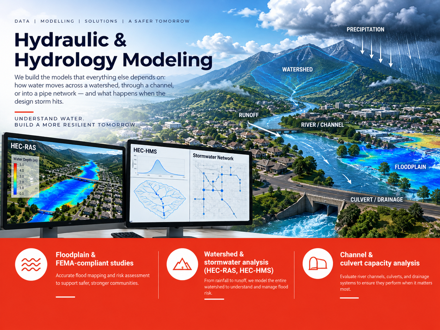 Hydraulic and hydrology modeling: watershed, runoff, river channel and floodplain, with HEC-RAS and HEC-HMS model screens