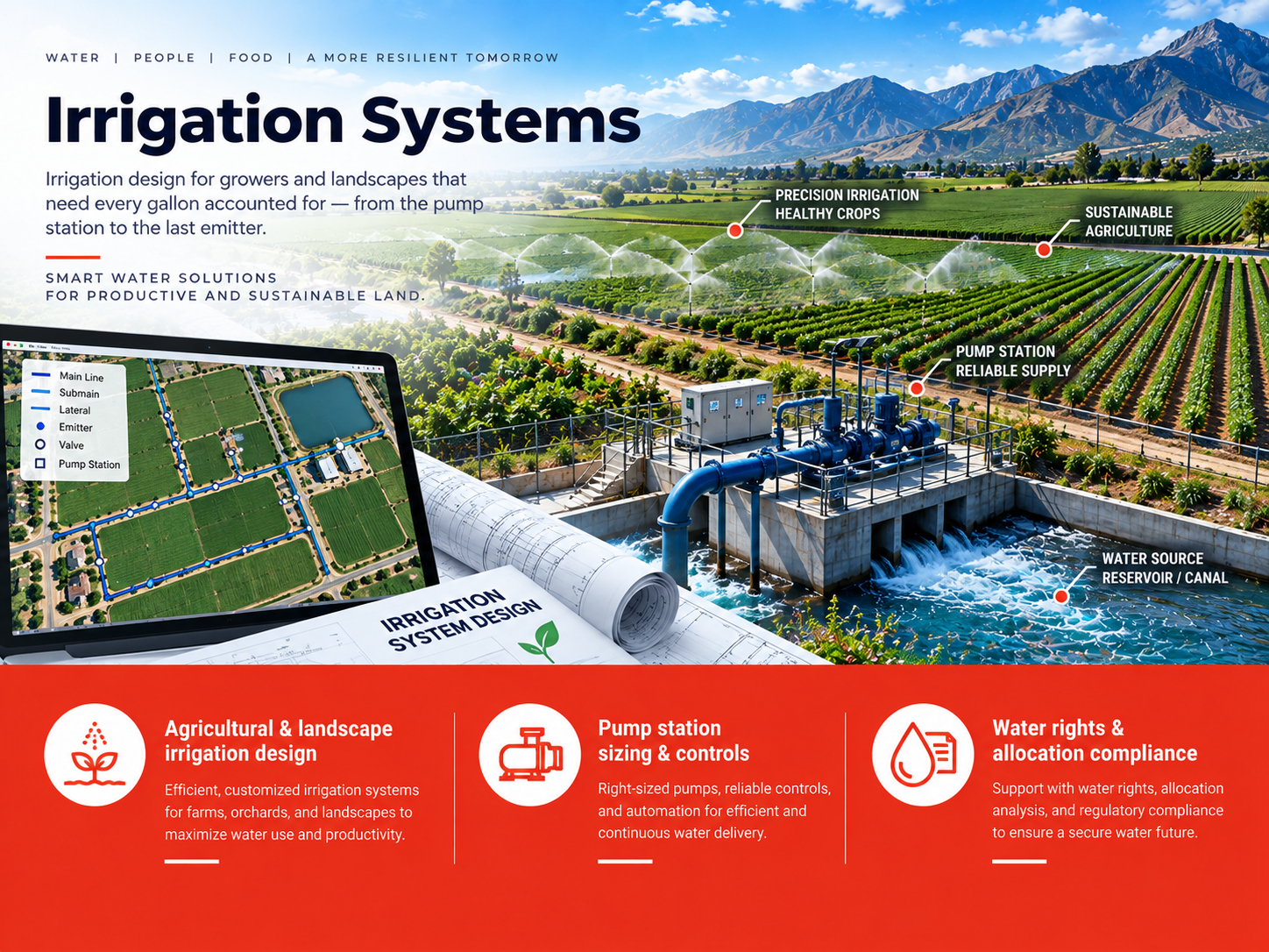 Irrigation system design: pump station, water source and precision irrigation across agricultural fields