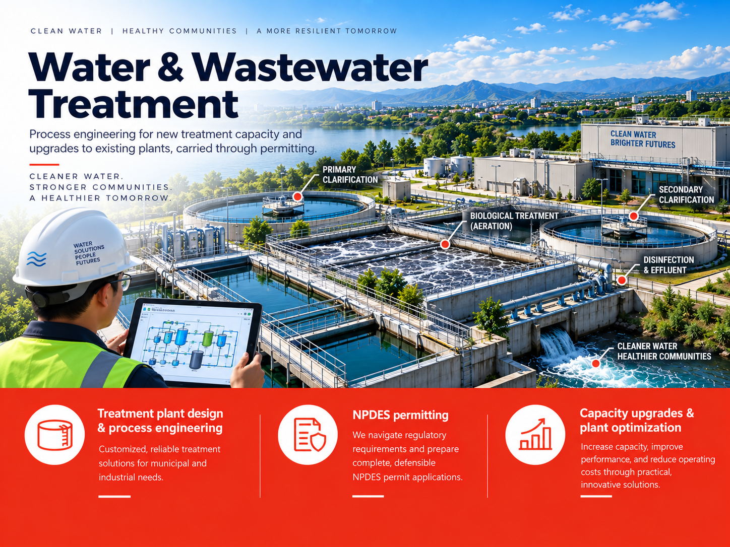 Water and wastewater treatment plant with primary clarification, biological treatment, secondary clarification and disinfection stages